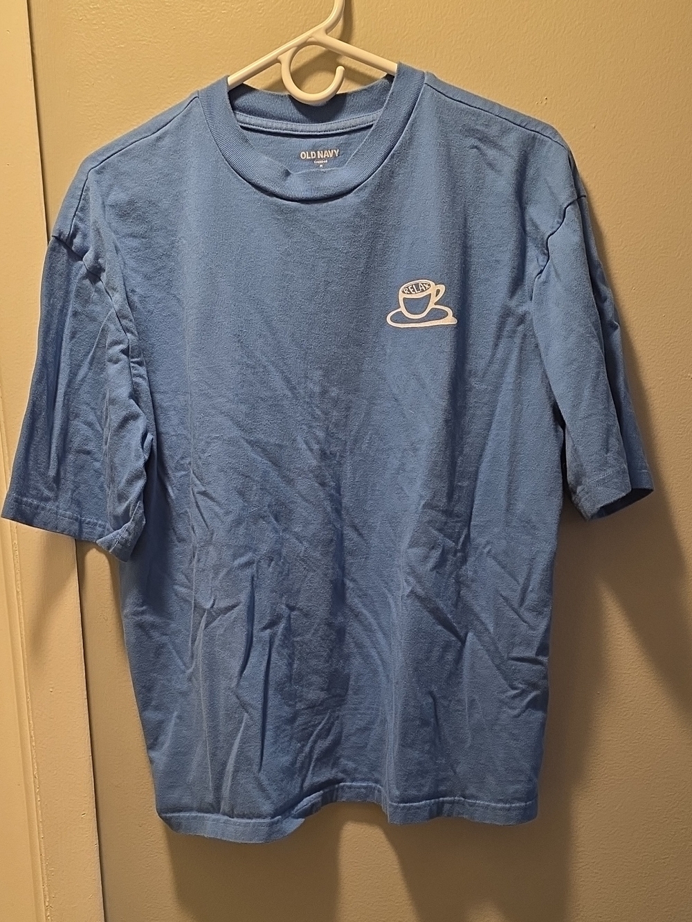 Old Navy Men’s Sky Blue Short-Sleeve Tee with Coffee Cup Graphic